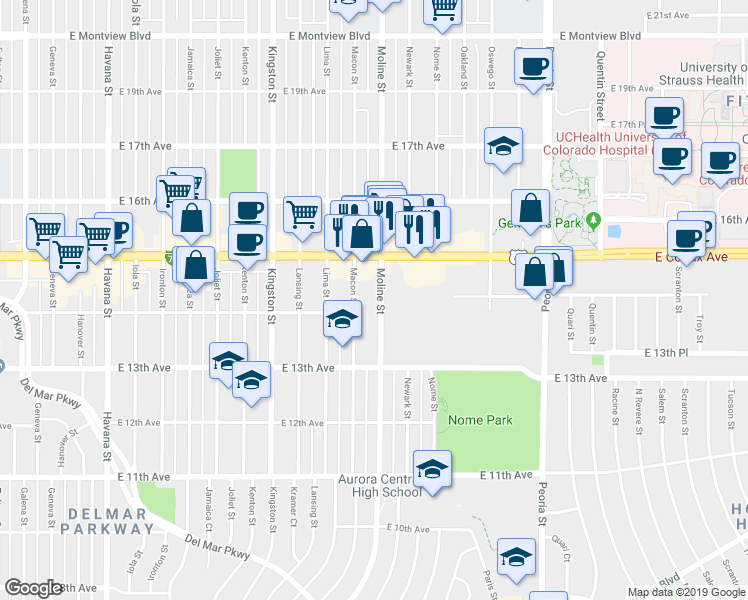 map of restaurants, bars, coffee shops, grocery stores, and more near 1383 Moline Street in Aurora