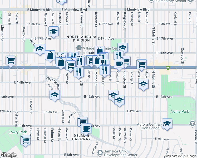 map of restaurants, bars, coffee shops, grocery stores, and more near 1388 Ironton Street in Aurora