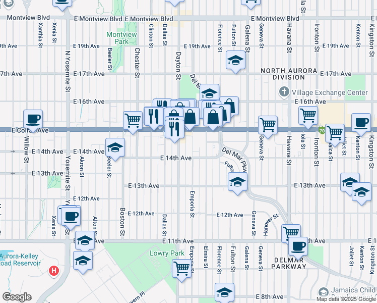 map of restaurants, bars, coffee shops, grocery stores, and more near 1380 Emporia Street in Aurora