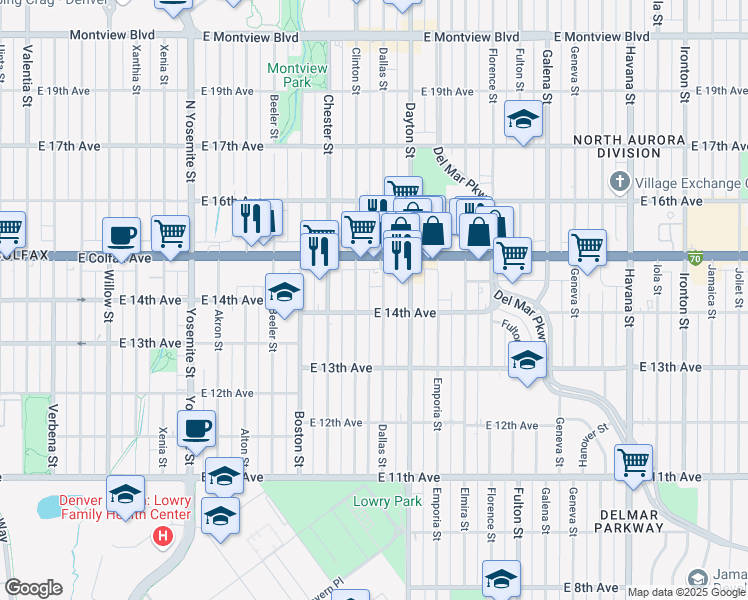 map of restaurants, bars, coffee shops, grocery stores, and more near 1395 Dallas Street in Aurora
