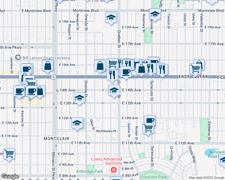 map of restaurants, bars, coffee shops, grocery stores, and more near in Denver