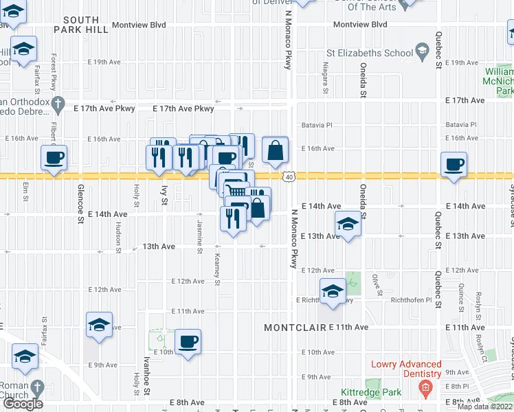 map of restaurants, bars, coffee shops, grocery stores, and more near in Denver