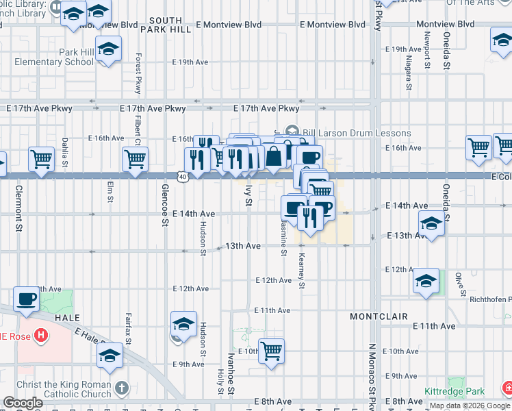map of restaurants, bars, coffee shops, grocery stores, and more near 1380 Ivy Street in Denver