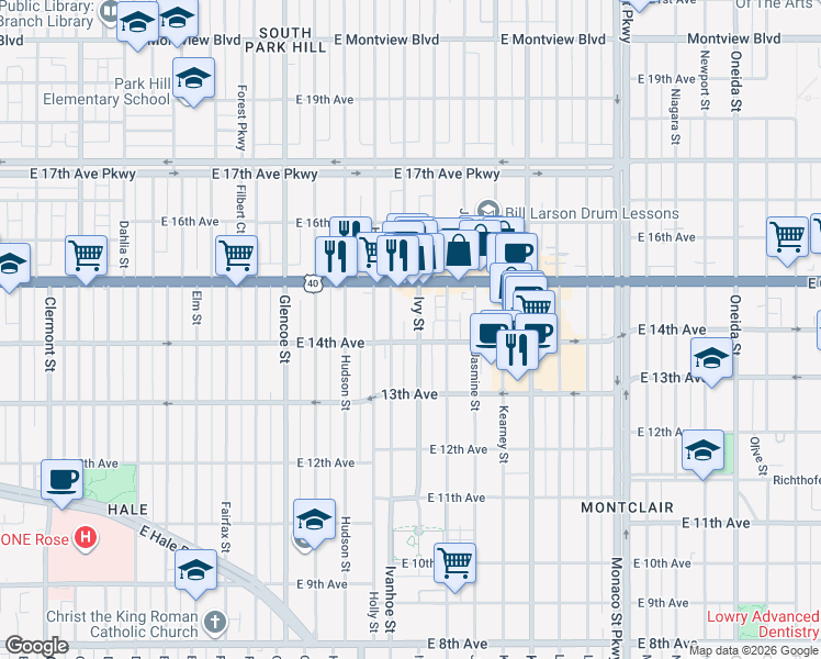 map of restaurants, bars, coffee shops, grocery stores, and more near 1380 Ivy Street in Denver