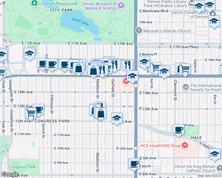 map of restaurants, bars, coffee shops, grocery stores, and more near 1370 Monroe Street in Denver