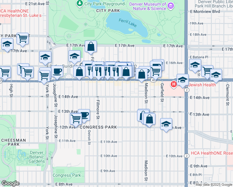 map of restaurants, bars, coffee shops, grocery stores, and more near 1362 Saint Paul Street in Denver