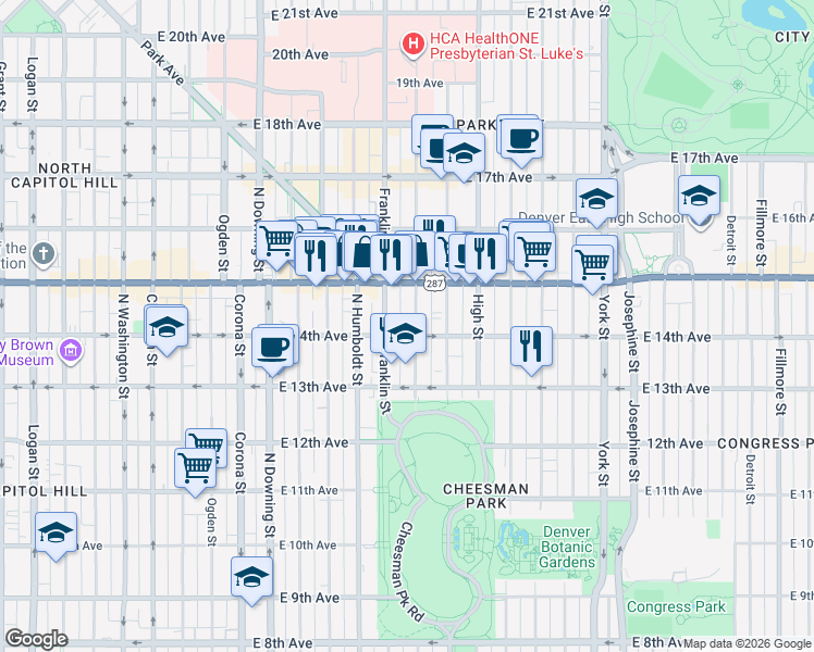 map of restaurants, bars, coffee shops, grocery stores, and more near 1368 Gilpin Street in Denver