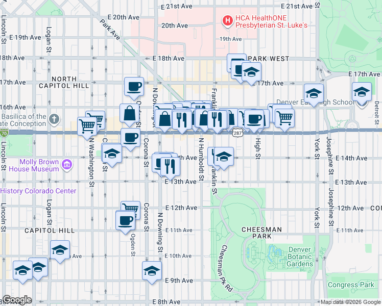 map of restaurants, bars, coffee shops, grocery stores, and more near 1359 Humboldt Street in Denver