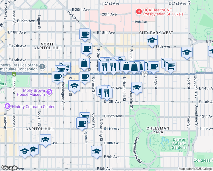 map of restaurants, bars, coffee shops, grocery stores, and more near 1362 North Marion Street in Denver