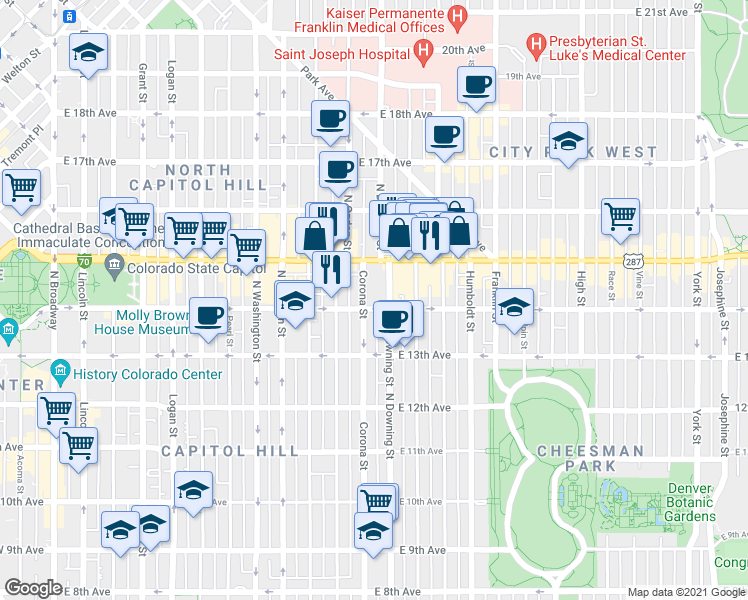 map of restaurants, bars, coffee shops, grocery stores, and more near 1356 North Downing Street in Denver