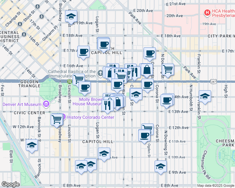 map of restaurants, bars, coffee shops, grocery stores, and more near 1365 North Washington Street in Denver