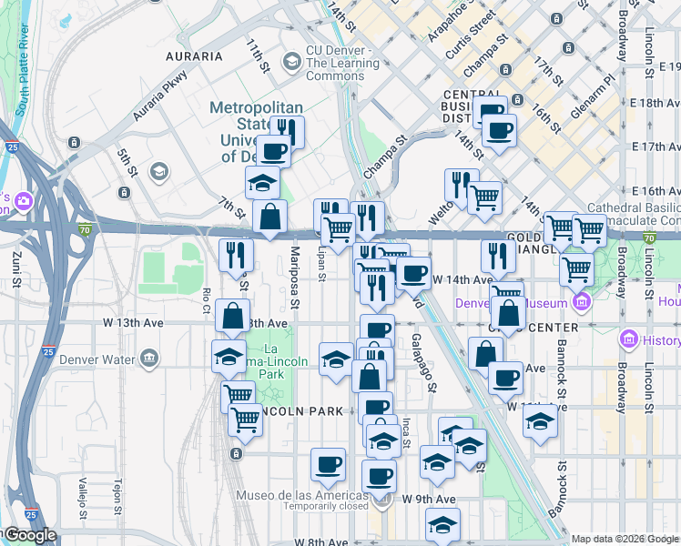 map of restaurants, bars, coffee shops, grocery stores, and more near 1366 Kalamath Street in Denver