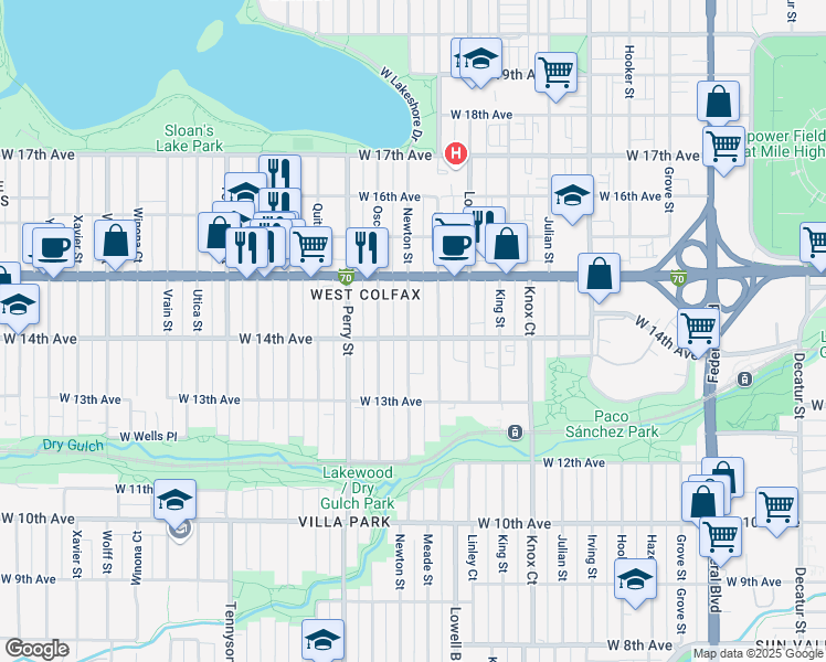 map of restaurants, bars, coffee shops, grocery stores, and more near 1377 Newton Street in Denver