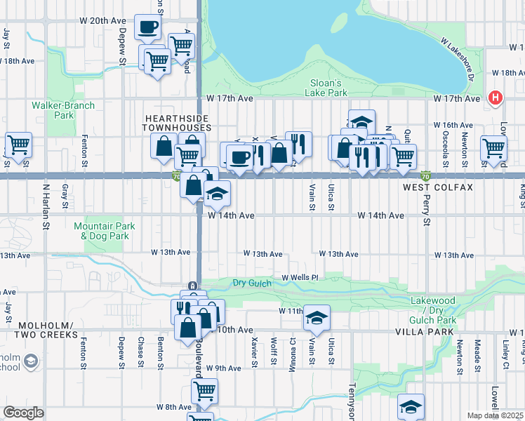 map of restaurants, bars, coffee shops, grocery stores, and more near 1376 Xavier Street in Denver