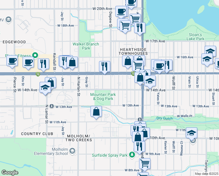 map of restaurants, bars, coffee shops, grocery stores, and more near 1395 Depew Street in Lakewood