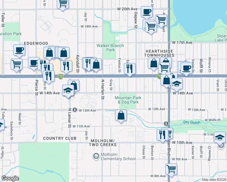 map of restaurants, bars, coffee shops, grocery stores, and more near 1390 Gray Street in Lakewood