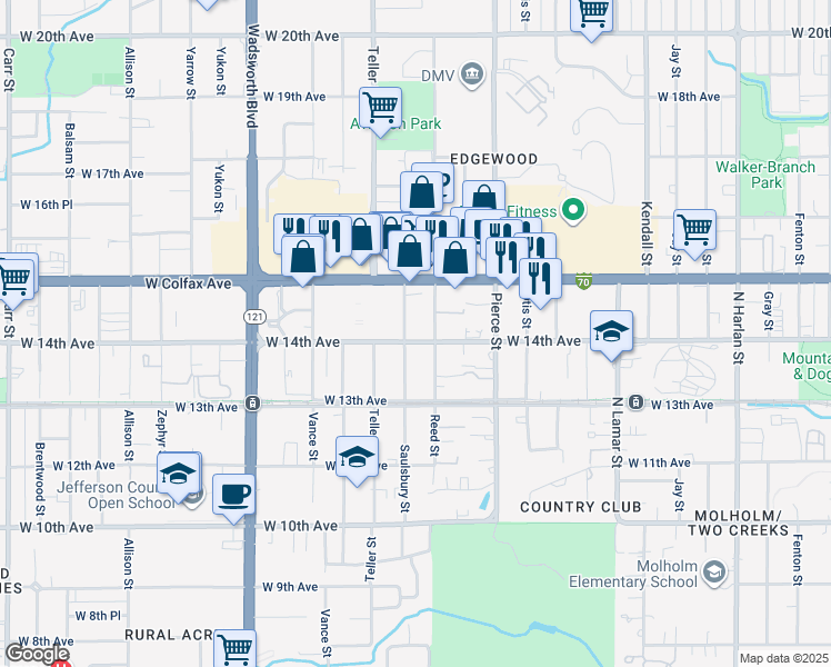 map of restaurants, bars, coffee shops, grocery stores, and more near 1360 Saulsbury Street in Lakewood
