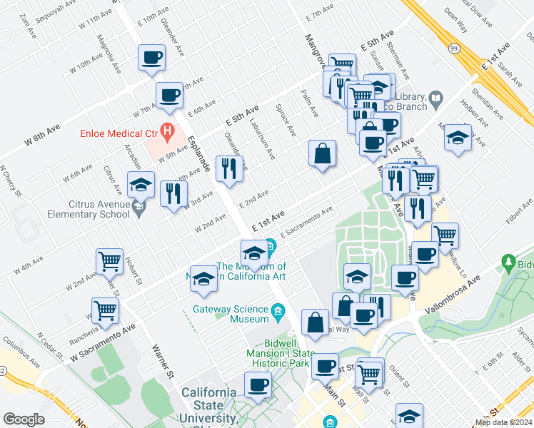 map of restaurants, bars, coffee shops, grocery stores, and more near 1050 Esplanade in Chico