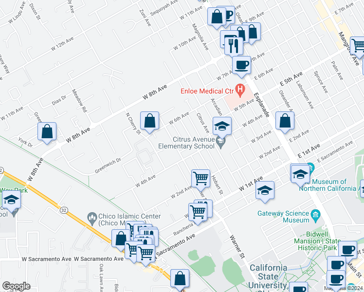 map of restaurants, bars, coffee shops, grocery stores, and more near 548 West 4th Avenue in Chico