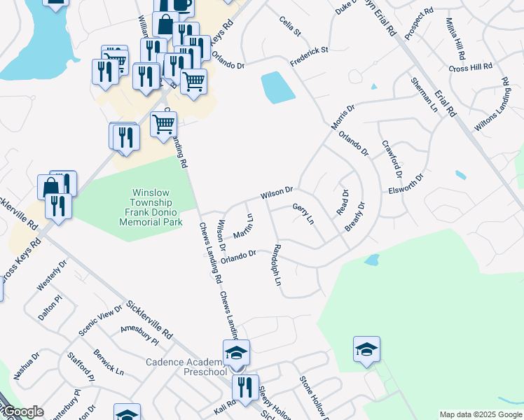 map of restaurants, bars, coffee shops, grocery stores, and more near 16 Martin Lane in Sicklerville
