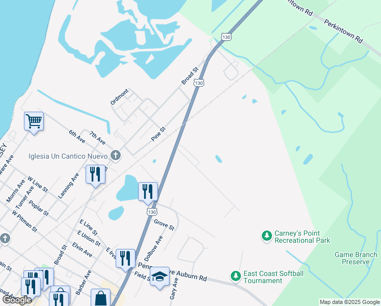 map of restaurants, bars, coffee shops, grocery stores, and more near 82 East Del-A-Vue Avenue in Carneys Point Township