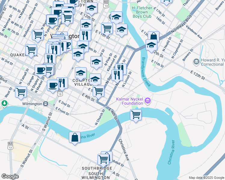 map of restaurants, bars, coffee shops, grocery stores, and more near 506 North Church Street in Wilmington