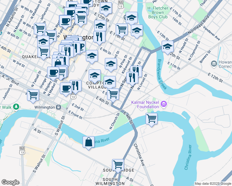map of restaurants, bars, coffee shops, grocery stores, and more near 704 East 5th Street in Wilmington
