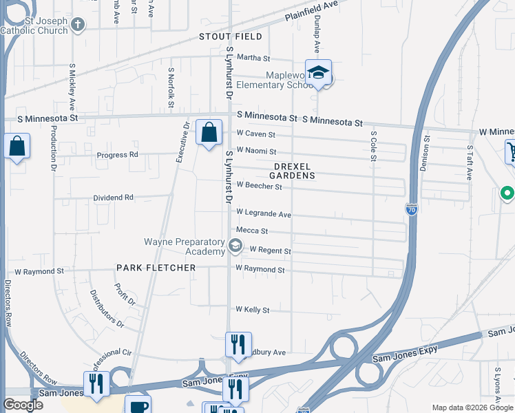 map of restaurants, bars, coffee shops, grocery stores, and more near 5205 West Legrande Avenue in Indianapolis