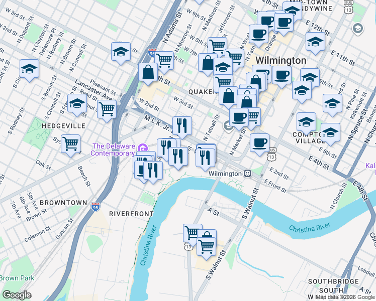 map of restaurants, bars, coffee shops, grocery stores, and more near 3 South Tatnall Street in Wilmington