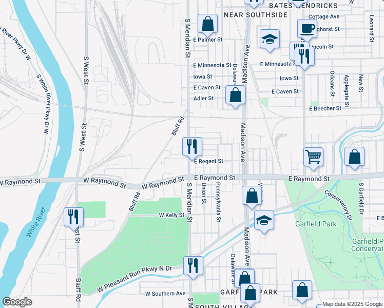 map of restaurants, bars, coffee shops, grocery stores, and more near 2109 South Meridian Street in Indianapolis