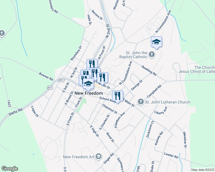 map of restaurants, bars, coffee shops, grocery stores, and more near 35 East Franklin Street in New Freedom