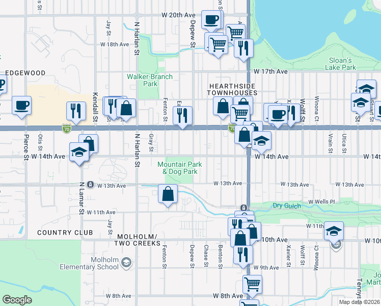 map of restaurants, bars, coffee shops, grocery stores, and more near 1435 Depew Street in Lakewood