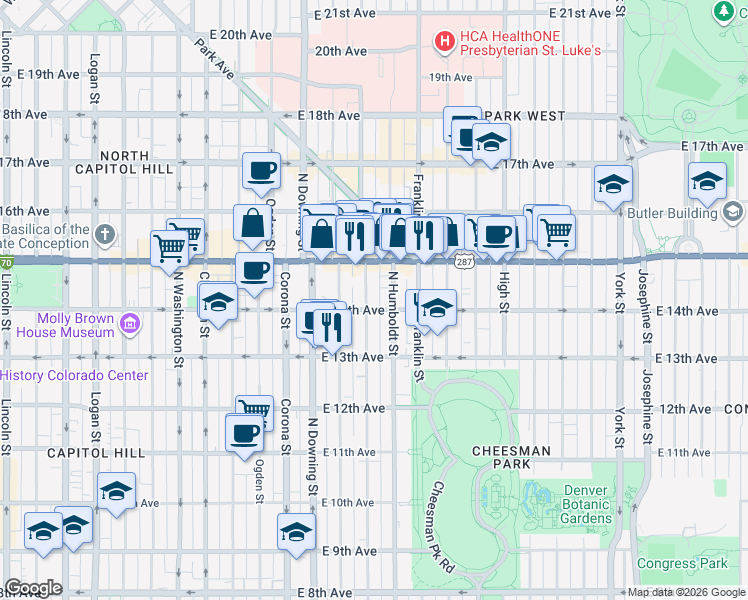 map of restaurants, bars, coffee shops, grocery stores, and more near 1400 Lafayette Street in Denver