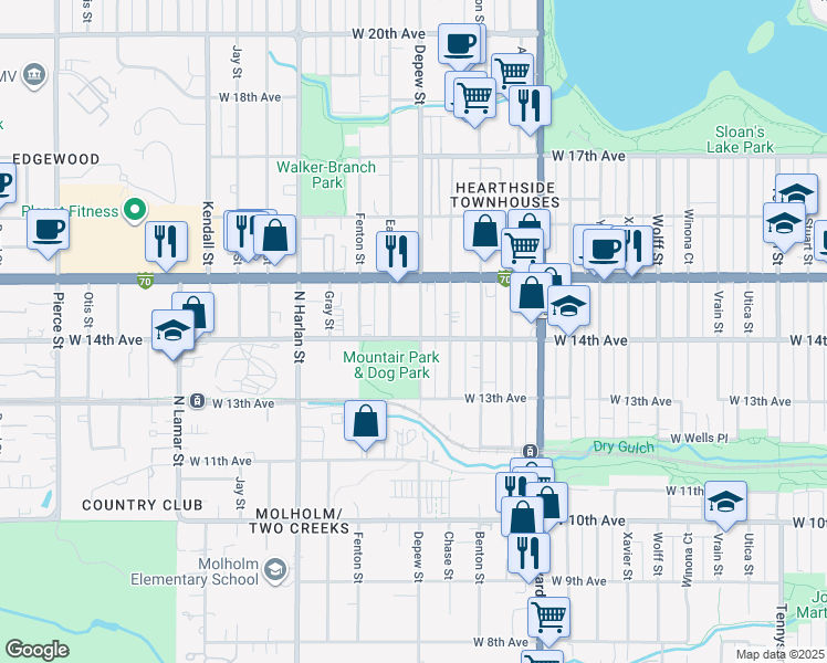 map of restaurants, bars, coffee shops, grocery stores, and more near 1395 Depew Street in Lakewood