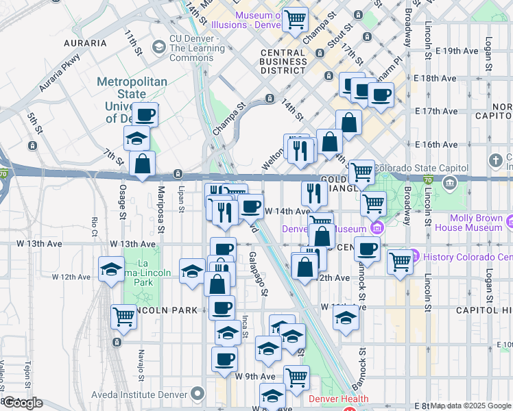 map of restaurants, bars, coffee shops, grocery stores, and more near 1410 North Speer Boulevard in Denver