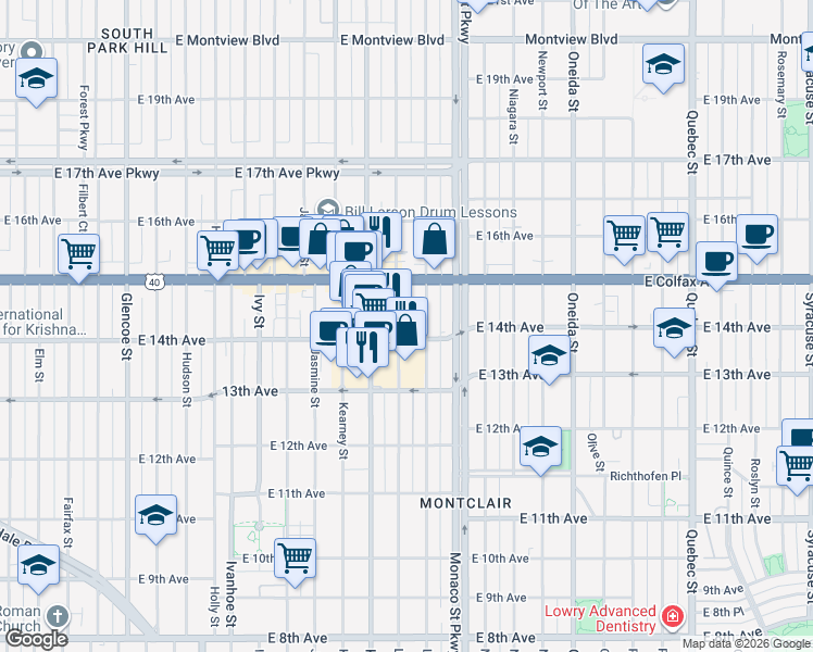 map of restaurants, bars, coffee shops, grocery stores, and more near 1422 Leyden Street in Denver