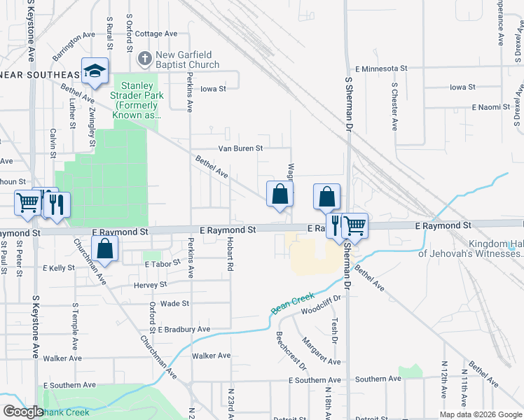map of restaurants, bars, coffee shops, grocery stores, and more near 3445 Bethel Avenue in Indianapolis