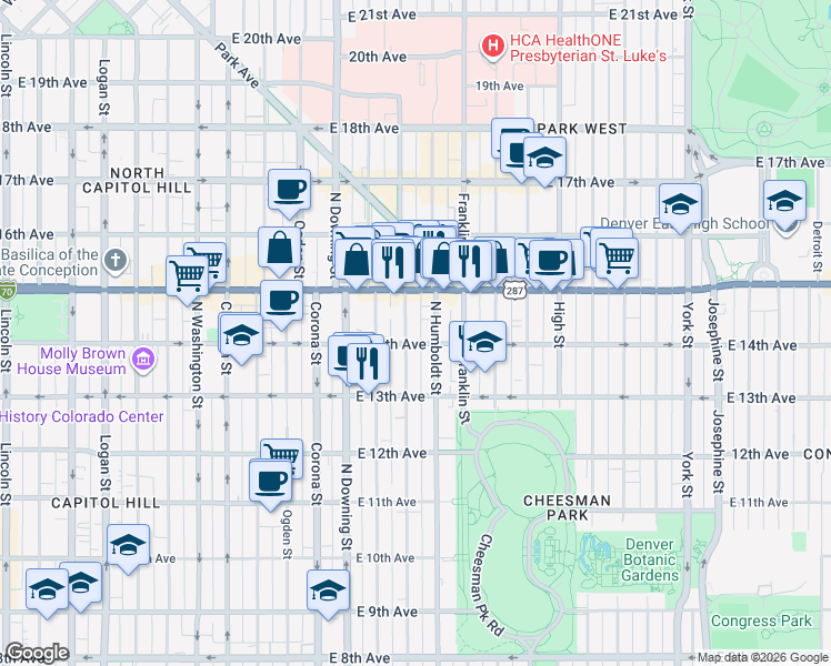 map of restaurants, bars, coffee shops, grocery stores, and more near 1400 Lafayette Street in Denver
