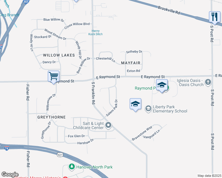 map of restaurants, bars, coffee shops, grocery stores, and more near 2283 Layton Park Drive in Indianapolis