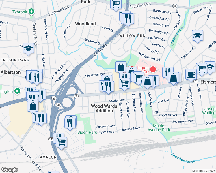 map of restaurants, bars, coffee shops, grocery stores, and more near 3 North Clifton Avenue in Wilmington