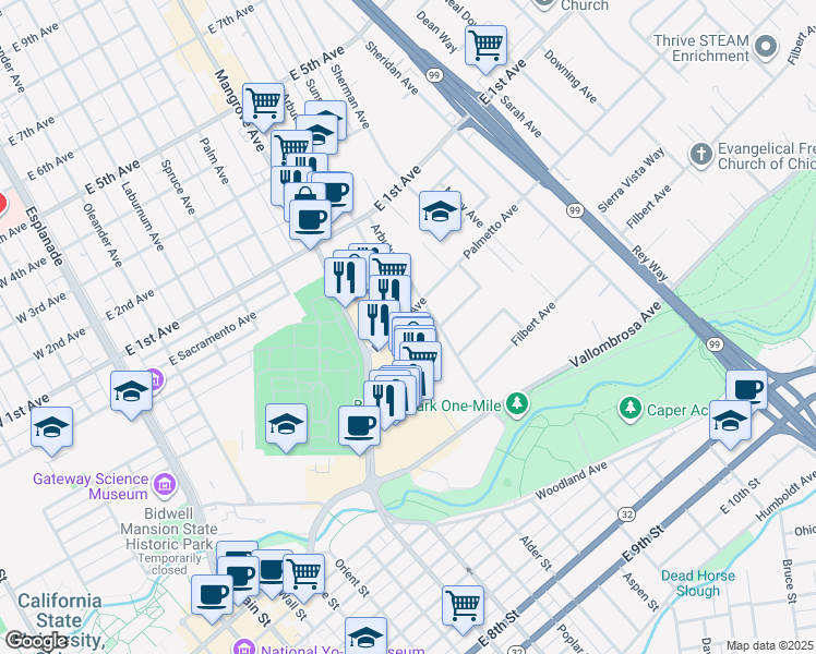 map of restaurants, bars, coffee shops, grocery stores, and more near 669 Palmetto Avenue in Chico