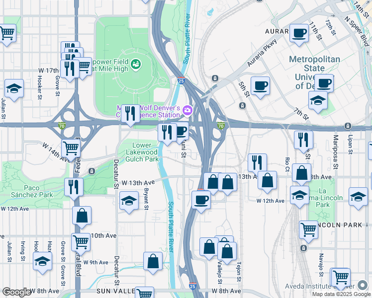 map of restaurants, bars, coffee shops, grocery stores, and more near 2000 Old West Colfax Avenue in Denver