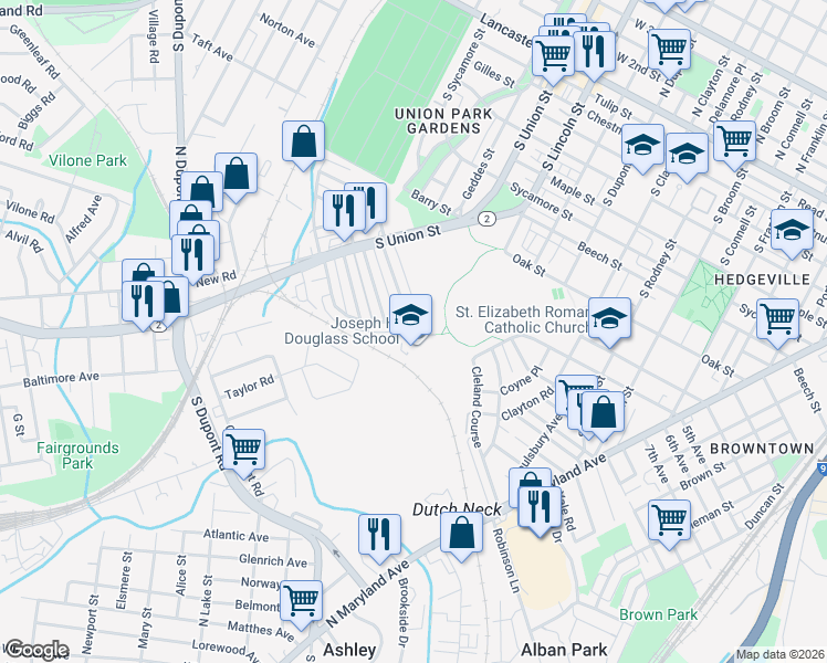 map of restaurants, bars, coffee shops, grocery stores, and more near 1800 Prospect Road in Wilmington