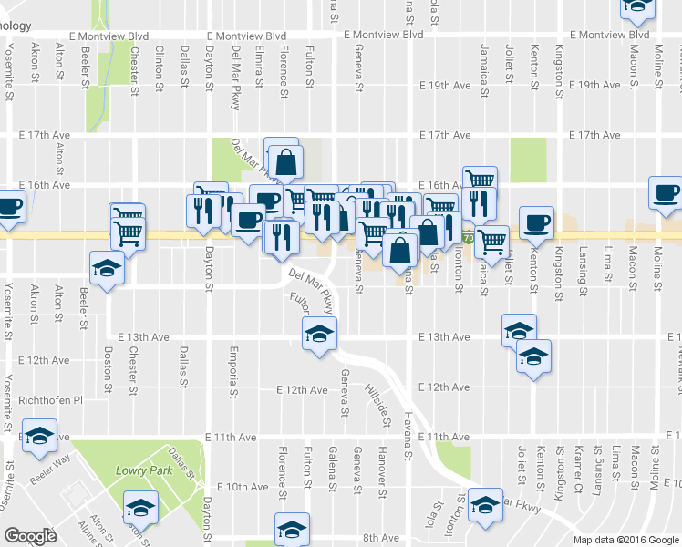 map of restaurants, bars, coffee shops, grocery stores, and more near in Aurora