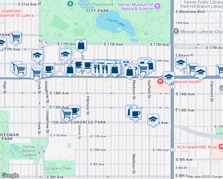 map of restaurants, bars, coffee shops, grocery stores, and more near 1464 Steele Street in Denver