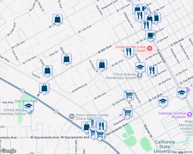 map of restaurants, bars, coffee shops, grocery stores, and more near 1565 North Cherry Street in Chico