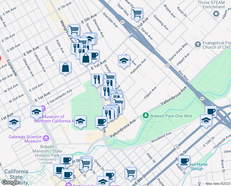 map of restaurants, bars, coffee shops, grocery stores, and more near 669 Palmetto Avenue in Chico