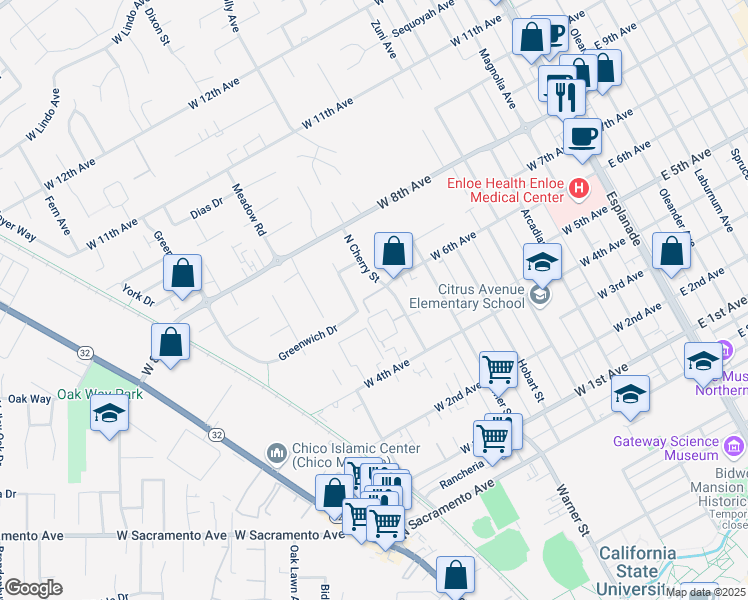 map of restaurants, bars, coffee shops, grocery stores, and more near 1565 North Cherry Street in Chico