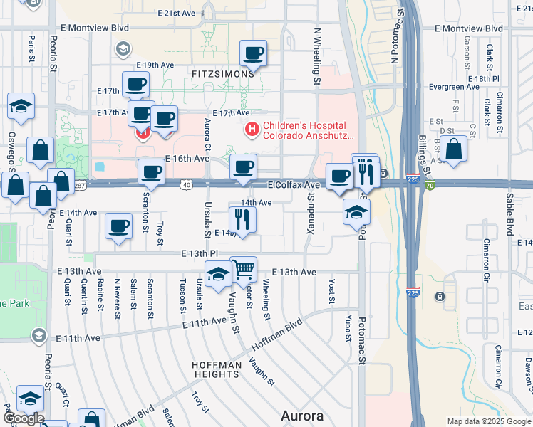 map of restaurants, bars, coffee shops, grocery stores, and more near 13400 U.S. 40 in Aurora