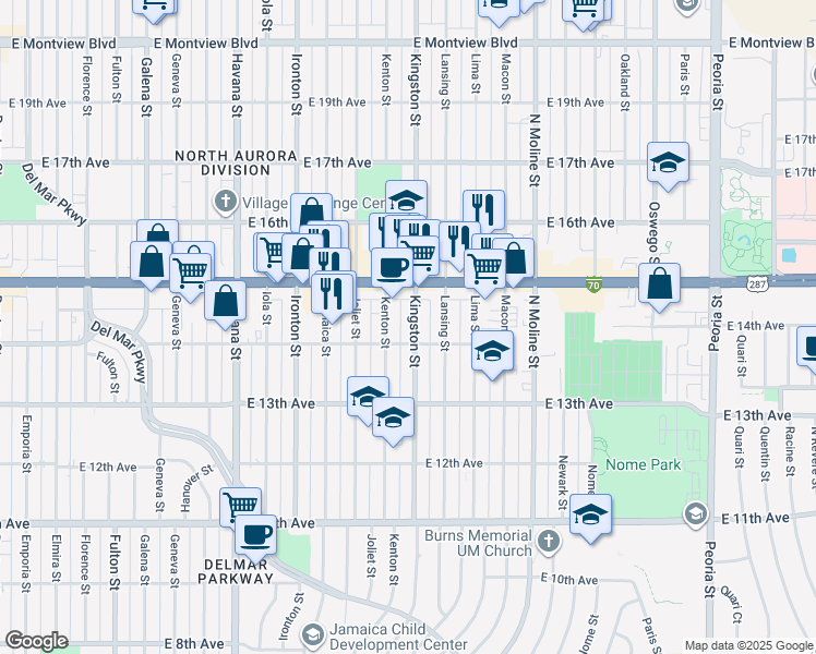 map of restaurants, bars, coffee shops, grocery stores, and more near 1485 Kingston Street in Aurora